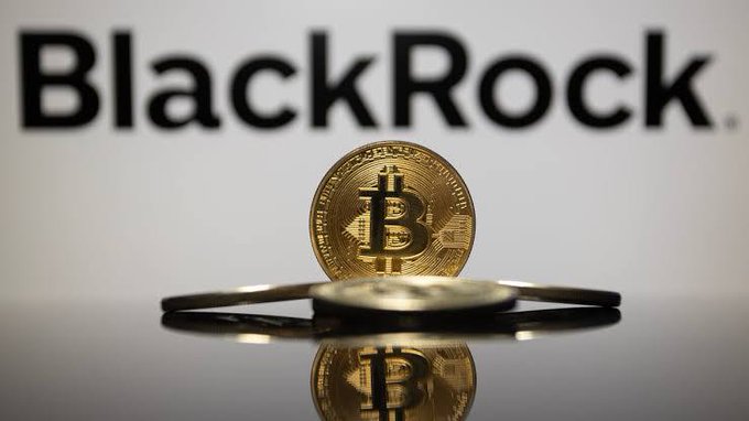 A Bitcoin coin stands upright on a reflective surface with the "BlackRock" logo prominently displayed in the background.