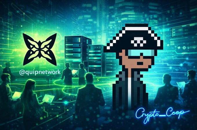 The image features a cartoon character wearing a pirate hat, standing next to a group of people who appear to be working together at a computer desk. The character's presence suggests that they are part of an online community or network focused on efficiency rather than just raw speed. This is evident from the post by @quipnetwork, which emphasizes the importance of coordination and efficient use of resources in their approach to problem-solving and collaboration.