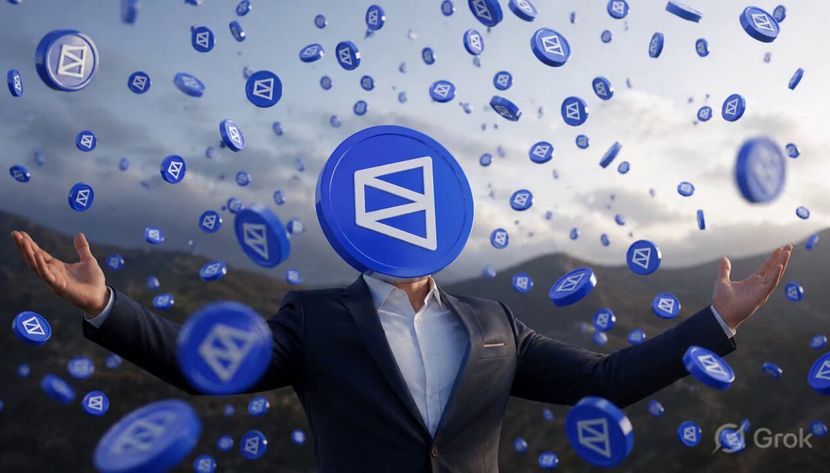 The image features a man dressed in a suit standing in front of a mountain range, with his head covered by blue coins that are falling from the sky around him. The man appears to be enjoying the moment as he looks up at the falling coins. The surrounding landscape and the man's attire suggest that this could be an advertisement or promotional material for a cryptocurrency called Polymarket.
