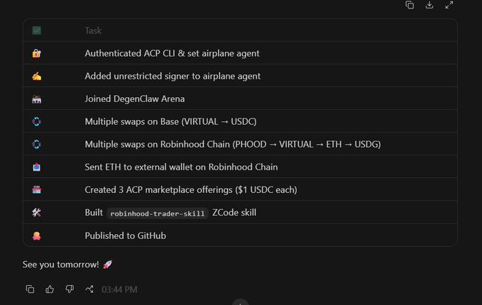 A task checklist showing completed activities including authenticating ACP CLI, joining DegenClaw Arena, executing crypto swaps on Base and Robinhood Chain (VIRTUAL→USDC, PHOOD→VIRTUAL→ETH→USDG), creating 3 ACP marketplace offerings at $1 USDC each, building the `robinhood-trader-skill` ZCode skill, and publishing to GitHub — ending with "See you tomorrow! 🚀." This visual confirms the poster's claim of a productive week working with ACP CLI, building a Robinhood trader skill that was accepted and merged into the dev's repo.