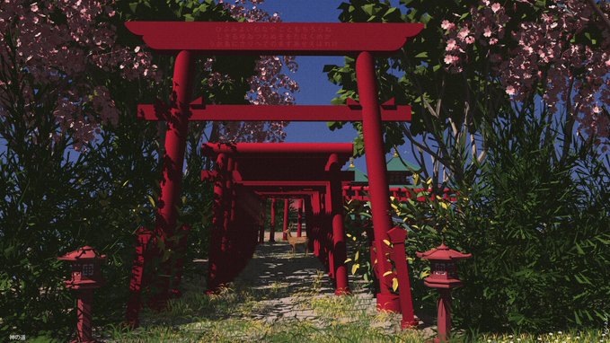 A scenic pathway lined with traditional red Japanese torii gates, framed by lush green foliage and blooming pink cherry blossoms under a clear blue sky.