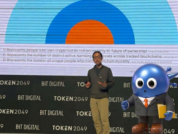 A man presents on stage at the Token2049 conference, with a 'BIT DIGITAL' branded backdrop, discussing cryptocurrency ownership statistics dated 3/30/2025.