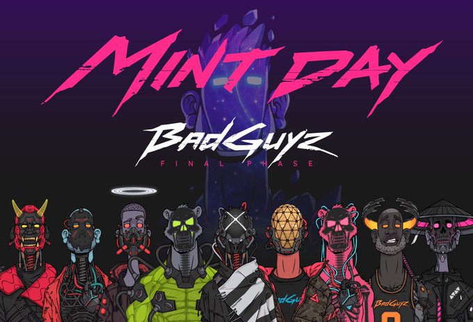 Promotional artwork for 'MINT PAY' and 'BADGUYZ FINAL PHASE', showing a lineup of stylized cyborg characters against a dark background.