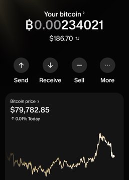 A mobile screen displaying a bitcoin wallet balance of ₿0.00234021 ($186.70) with options to Send, Receive, Sell, and More, along with a current bitcoin price chart of $79,782.85 (up 0.01% today).