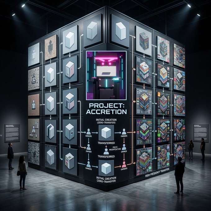 An exhibition display titled 'PROJECT: ACCRETION' showcasing a central illuminated screen with flowcharts labeled 'INITIAL CREATION', 'TRANSFERRED', and 'OWNER', surrounded by a grid of smaller screens displaying 3D models and art pieces.