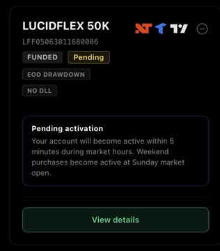 The image shows a LucidFlex 50K account dashboard for LUCIDFLEX (account ID LFF05063011680006) with a "Funded" status marked "Pending" and "EOD Drawdown" enabled, alongside NT logos indicating the NQ (Nasdaq 100) trading platform—aligning with the post about taking on a Lucid evaluation and getting funded on the NQ. A note explains the account will become active within 5 minutes during market hours, or by Sunday market open for weekend purchases.