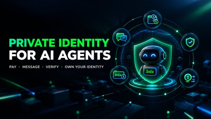 Promotional graphic with green text 'PRIVATE IDENTITY FOR AI AGENTS' and tagline 'PAY • MESSAGE • VERIFY • OWN YOUR IDENTITY,' featuring a shield-encased robot with 'bdx' branding surrounded by icons.