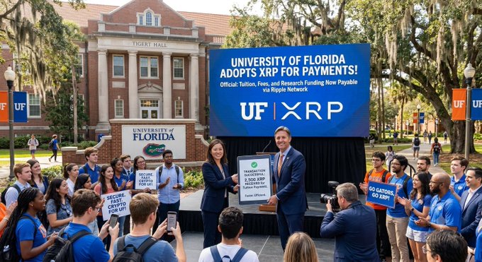 A woman and man stand on a stage at the University of Florida unveiling a partnership with XRP, with a large banner reading "UNIVERSITY OF FLORIDA ADOPTS XRP FOR PAYMENTS! Official: Tuition, Fees, and Research Funding Now Payable via Ripple Network" alongside UF and XRP logos, as a crowd of students in blue and orange UF gear holds signs saying "SECURE CRYPTO FOR UF" and "GO GATORS GO XRP," matching the post's announcement that the university will accept XRP for tuition and research funding starting in 2026.