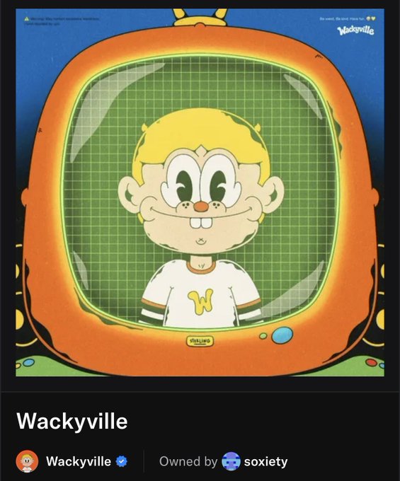 The image shows an NFT profile of "Wackyville" featuring a cartoon character with blonde hair and buck teeth displayed on a retro orange TV screen with "Wackytv" branding. The collection is owned by "soxiety" as shown in the post header, relating to the caption's excitement about minting a Wackyville NFT and comparing it to Genesis.