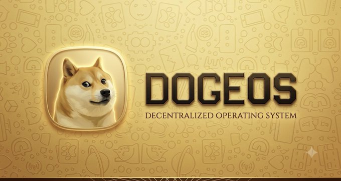 A gold-themed promotional banner for "DOGEOS - DECENTRALIZED OPERATING SYSTEM" featuring a Shiba Inu dog in a rounded square frame on the left.