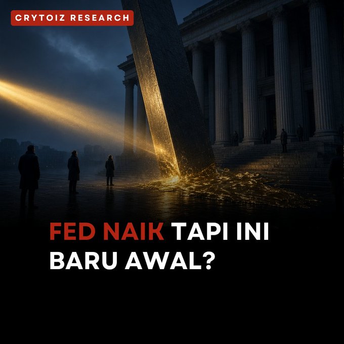 A graphic with the text 'CRYTOIZ RESEARCH' in a red box at the top left and 'FED NAIK TAPI INI BARU AWAL?' at the bottom, set against an image of a large metallic structure leaning over a classical building with people standing nearby.