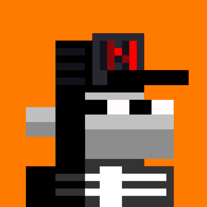 A pixel art illustration of a character with a red helmet and gray/black body against an orange background.
