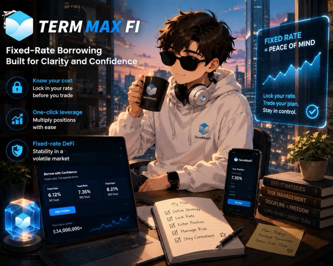 Promotional graphic for 'TermMaxFi' advertising fixed-rate borrowing features, showing an anime-style character at a desk with a coffee mug, a holographic interface, and details about fixed rates and DeFi strategies.