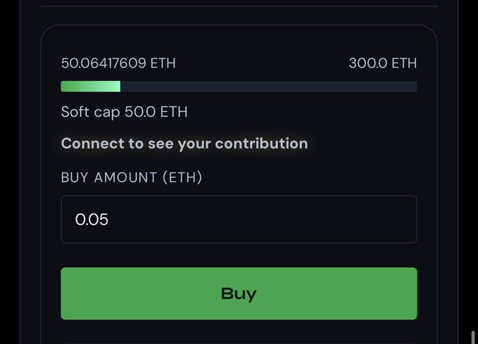 A cryptocurrency purchase interface showing '50.06417609 ETH' raised toward a '300.0 ETH' goal with a soft cap of '50.0 ETH', featuring a 'Buy' button and a buy amount of '0.05'.