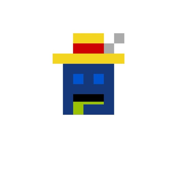 A pixel art character featuring a blue body, yellow hat, and a cigarette, constructed from colored blocks on a white background.