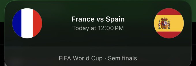 The image displays a sports matchup banner for "France vs Spain" scheduled for "Today at 12:00 PM" as part of the "FIFA World Cup · Semifinals," featuring the respective national flags. It relates to the accompanying post by promoting a prediction market on @Outcomexyz for this highly anticipated World Cup semifinal, where users can trade on the match outcome.