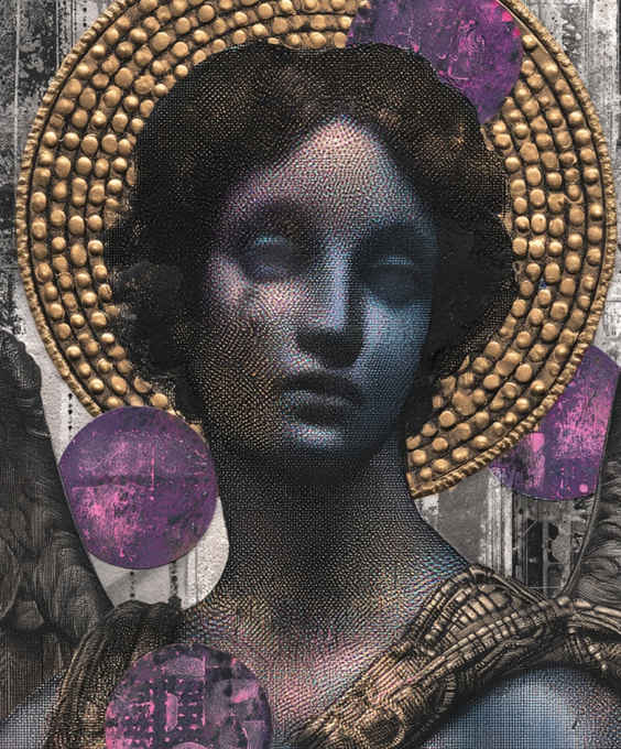 A stylized digital artwork depicting a serene face with closed eyes framed by an ornate golden halo and purple circular accents, rendered with textured dot patterns.