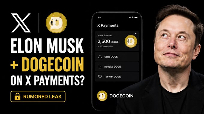 Thumbnail-style graphic with X logo and Dogecoin featuring Elon Musk alongside a smartphone mockup showing 'X Payments' interface with '2,500 DOGE' wallet balance, captioned 'ELON MUSK + DOGECOIN ON X PAYMENTS? RUMORED LEAK'.