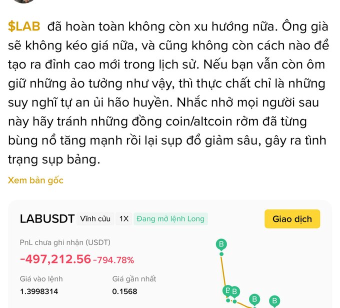The image shows a trading interface screenshot displaying a LABUSDT perpetual long position with a massive unrealized loss of -497,212.56 USDT (-794.78%), entered at 1.3998 with the current price at 0.1568, illustrating the post's warning about a "whale" trapped in a doomed long position on the dumped altcoin LAB.