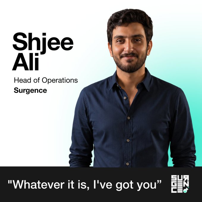 Headshot of Shjee Ali, Head of Operations at Surgence, in a navy button-up shirt with the caption "Whatever it is, I've got you." The portrait visually introduces him as the subject of the team spotlight, reinforcing the accompanying post's narrative about his professional journey.