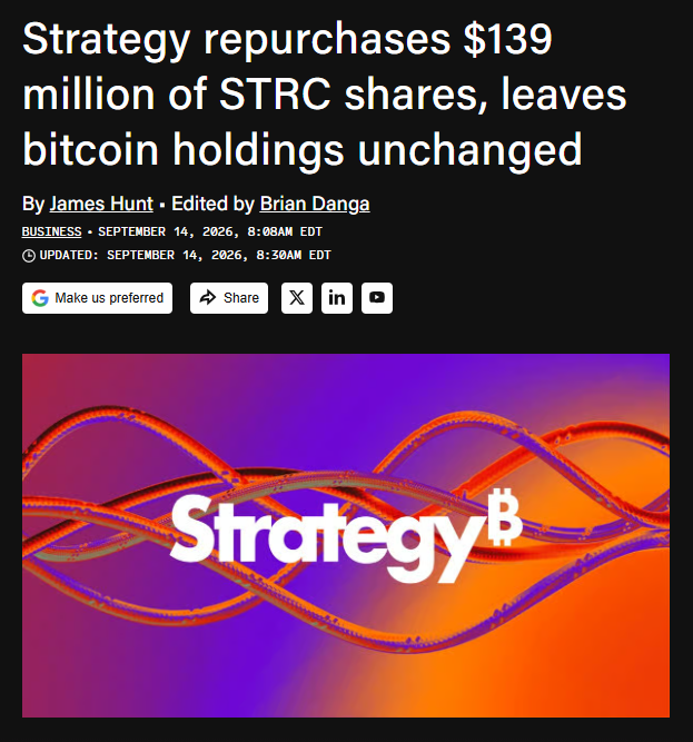 A news article headline reading 'Strategy repurchases $139 million of STRC shares, leaves bitcoin holdings unchanged' by James Hunt, published September 14, 2026, featuring the Strategy B logo.