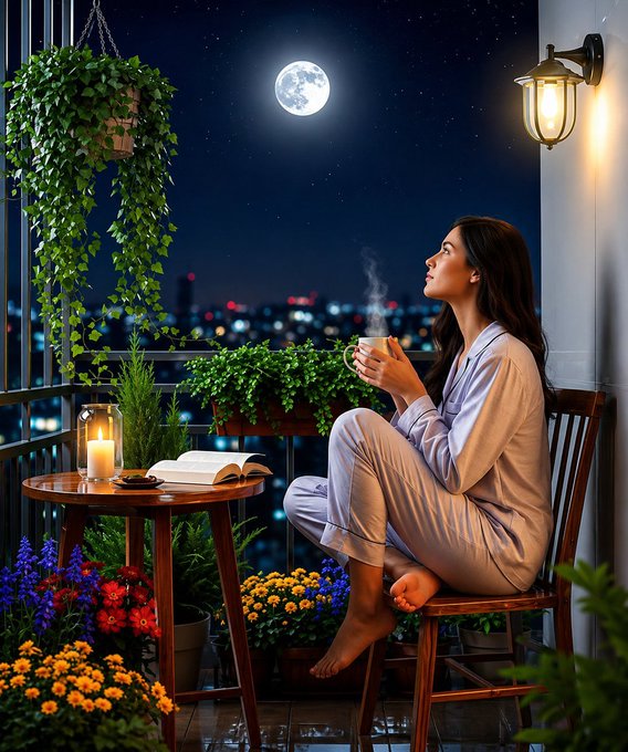 An AI-generated image of a woman in pajamas sitting on a balcony at night, holding a steaming mug while looking at a full moon over a city skyline, surrounded by potted plants and flowers.