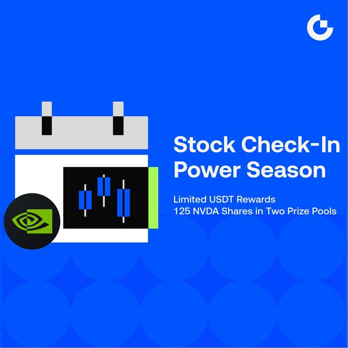 A promotional graphic for 'Stock Check-In Power Season' featuring limited USDT rewards and 125 NVDA shares as prize pool offerings.