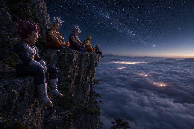 An anime-style illustration of several characters, including one with red hair in armor, sitting on the edge of a cliff overlooking a sea of clouds under a starry night sky.