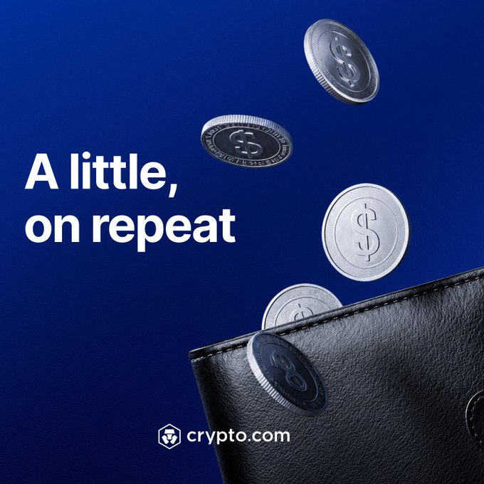 The image shows silver dollar coins falling into a black wallet against a deep blue background, with the text "A little, on repeat" and the "crypto.com" logo visible. The visual reinforces the post's message about setting up Recurring Buy, as the falling coins metaphorically represent small, repeated investments automatically going into your wallet over time.