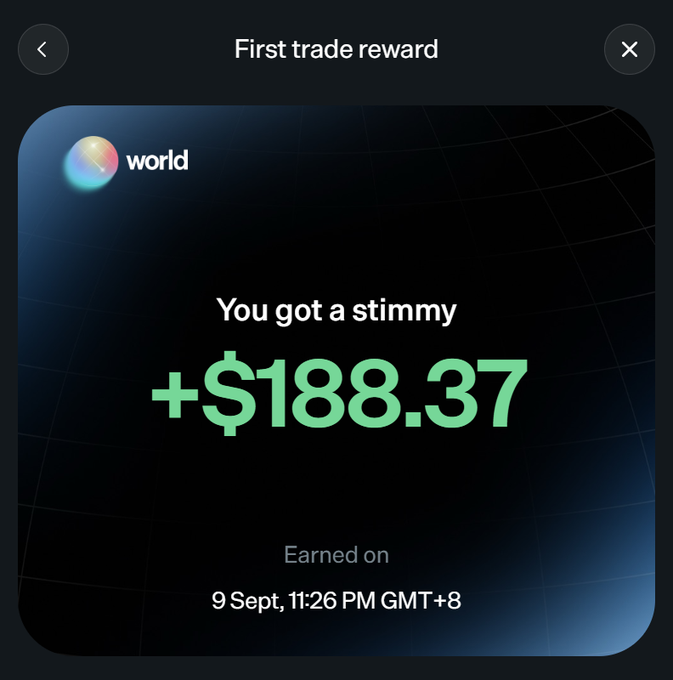 A mobile app screen titled 'First trade reward' showing a notification from 'world' that says 'You got a stimmy +$188.37', earned on 9 Sept, 11:26 PM GMT+8.