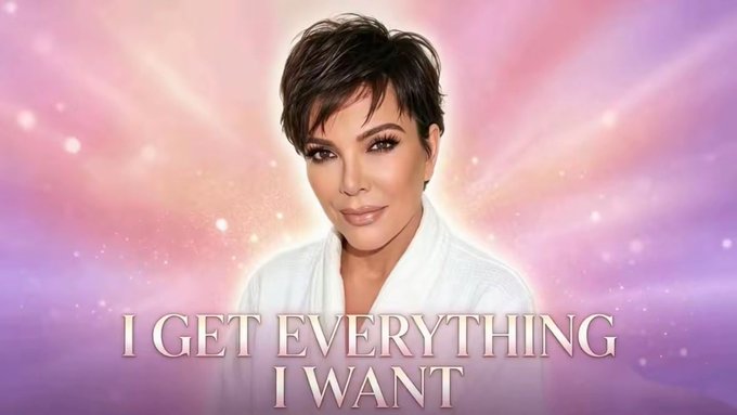 The image features a woman with short hair wearing a white robe, standing against a purple background that has a pink glow effect. The text "I get everything I want" is written above her head. This combination of colors and text creates an interesting visual contrast and emphasizes the message of the post.