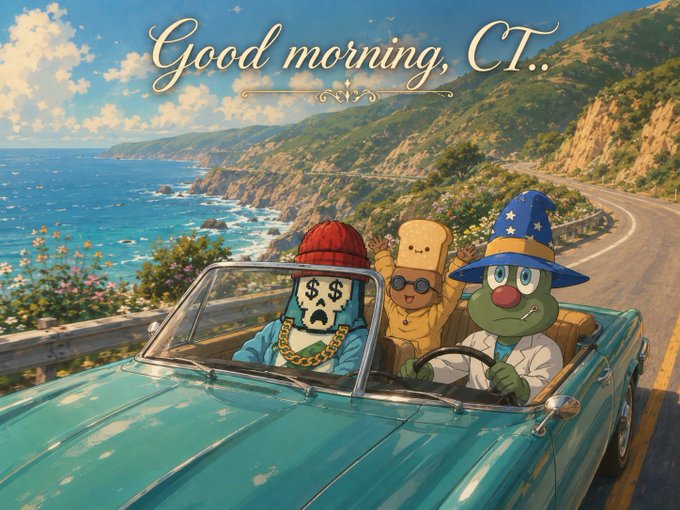 A vintage-style digital illustration with text 'Good morning, CT..' showing anthropomorphic characters in a teal convertible driving along a scenic coastal highway overlooking the ocean and cliffs.