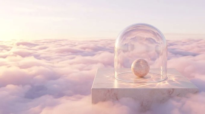 A transparent glass dome encases a small moon-like sphere resting on a marble pedestal, set against a dreamy backdrop of pink-tinged clouds at sunset.