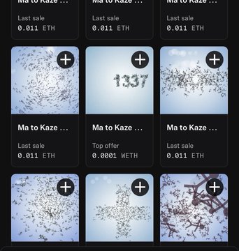 A grid of NFT listings titled "Ma to Kaze" with last sale prices of 0.011 ETH each, displayed in various snowy winter-themed images.