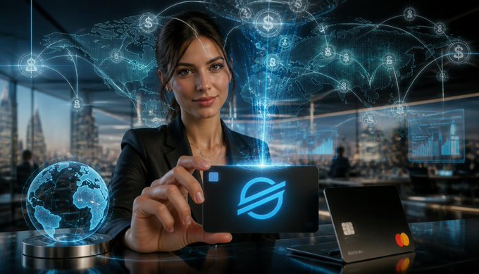 A confident professional holds a Tangem-style hardware wallet displaying a stylized "S" logo, with a holographic globe and dollar-sign network icons floating above her, visually representing the seamless integration of self-custody hardware, Stellar ($XLM), and USDC payroll payments outlined in the post.