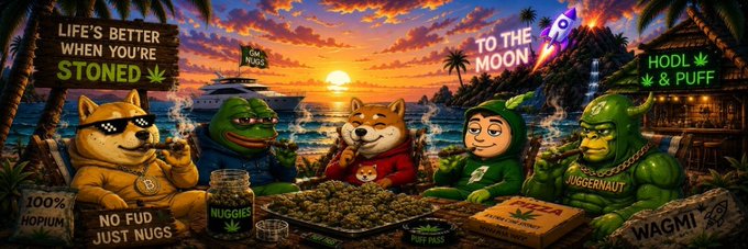A vibrant tropical sunset scene featuring meme characters—including a Doge, Pepe, Shiba Inu, a hooded figure, and a muscular gorilla—gathered around cannabis-themed imagery with prominent text "LIFE'S BETTER WHEN YOU'RE STONED," "TO THE MOON," "HODL & PUFF," and "$NUG," serving as a banner for the Robinhood token $NUG on Moby.
