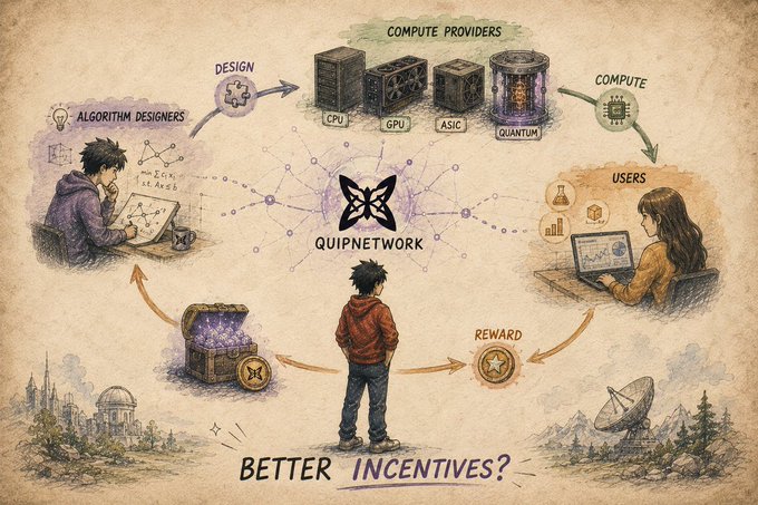 A vintage-style diagram explains the QuipNetwork ecosystem, showing the flow from algorithm designers through compute providers (CPU, GPU, ASIC, QUANTUM) to users, with a central figure asking "BETTER INCENTIVES?"