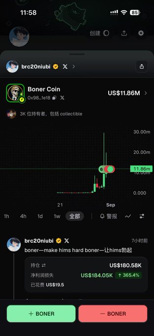 A mobile screenshot of a cryptocurrency chat discussing "Boner Coin" showing a price chart at US$11.86M, with a user named "brc2oniubi" sharing a position showing a net loss of US$184.05K (365.4% gain on spent US$19.5).