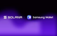 A purple gradient graphic displaying the partnership logos "SOLANA" and "Samsung Wallet" side by side.