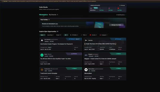 A dark-themed dashboard for the Kaito Studio platform displaying the username "Kaito Studio", an affiliated accounts panel with multiple "Link Now" buttons, and a list of "Explore Open Opportunities" campaign cards from brands like Astar Network, Hatom, Truflation, and Minterest.
