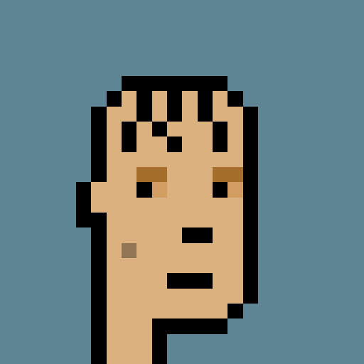 A pixel art portrait of a person's face with dark hair and a neutral expression against a blue background.