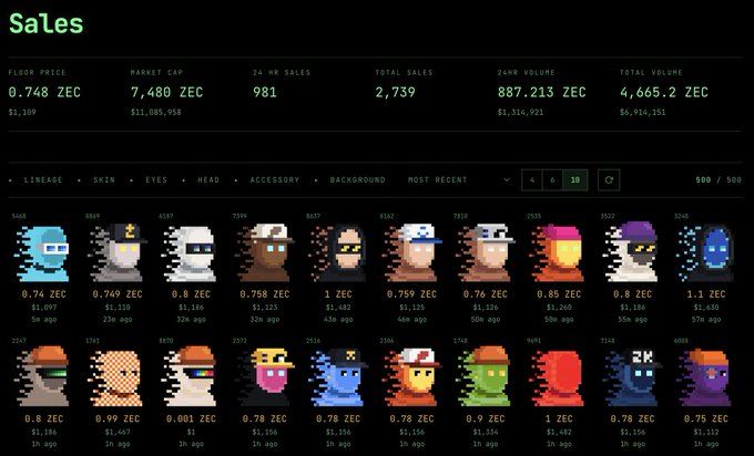 A NFT marketplace 'Sales' dashboard showing floor price 0.748 ZEC, market cap 7,480 ZEC, 24hr sales 981, total sales 2,739, with a grid of pixel art character avatars priced in ZEC.