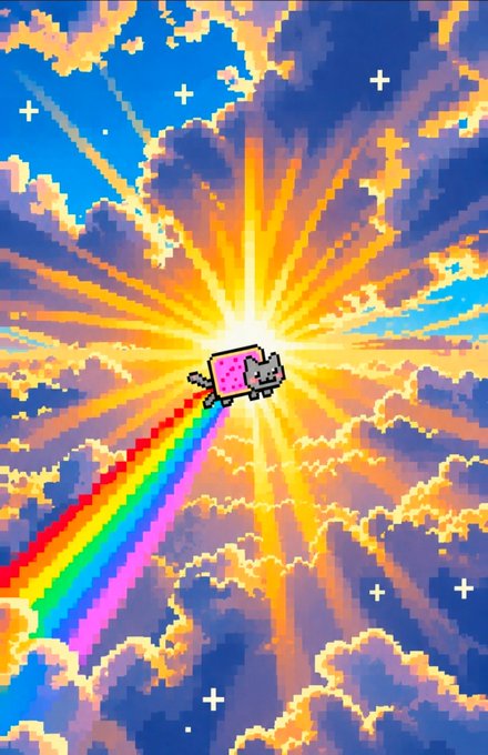 Pixel art illustration of a Nyan Cat-style character with a pink game console body trailing a rainbow through cloudy, sunburst-filled skies.