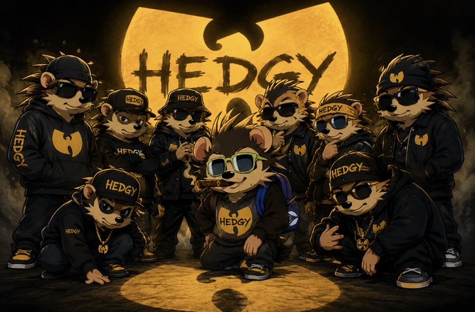 A stylized illustration of a hedgehog gang/mascot crew wearing black streetwear with 'HEDGY' branding on caps and hoodies, posed together against a glowing yellow HEDGY logo background.