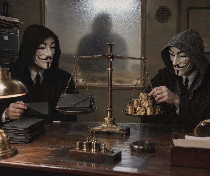 A thematic image showing two figures wearing Guy Fawkes masks sitting at a desk with a brass balance scale weighing black envelopes against gold coins.