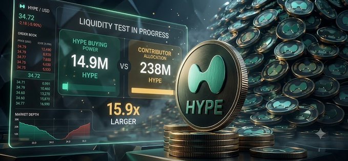 The image displays a financial dashboard titled "LIQUIDITY TEST IN PROGRESS" for HYPE/USD, showing HYPE Buying Power of 14.9M versus Contributor Allocation of 238M HYPE, resulting in the contributor allocation being 15.9x larger—visually illustrating how Hyperliquid's massive $1 billion planned token sell-off dwarfs the platform's actual liquidity, reinforcing concerns from the post about a potential market flood.