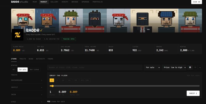 Screenshot of the BADDR NFT studio profile showing pixel art pirate characters, with a floor price of 0.009 ETH and total volume of 11.7408 ETH.