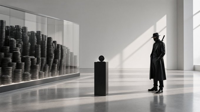 A moody black-and-white art gallery scene showing a man in a long coat and hat observing a dark sculpture, with stacks of coins displayed behind glass on the left.
