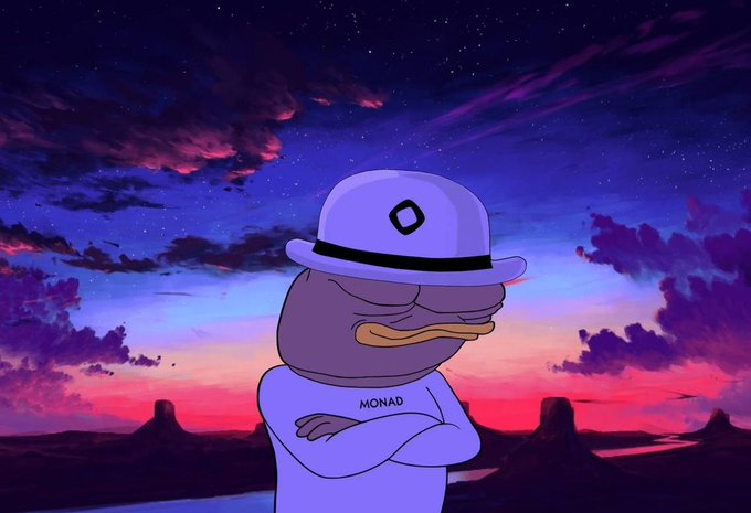 In the image, there's an animated depiction of a cartoon frog wearing a hat with an "O" logo. The frog stands prominently against a stunning backdrop of a sunset sky over mountains, creating a visually captivating scene. This particular character is known as Monad and it has recently gained popularity in the Monad ecosystem trading community. The post emphasizes that the Monad ecosystem currently offers a yield of approximately 27.9% for those who are interested in Monad-USDC trades. Additionally, there's an announcement about a new USDC/DUST liquidity pool being adopted by Focus on what is in the image and how it relates to the post.
