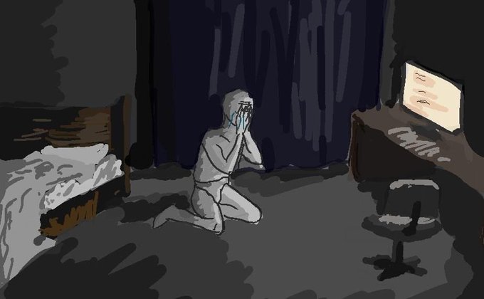 A gray-toned illustration depicts a person kneeling on the floor in a dim room, hands covering their face in despair as they stare at a glowing computer monitor, with a rumpled bed visible to the left. The image humorously captures the post's theme of "hyperliquid maxis"—fans who woke up and became obsessed with the cryptocurrency platform—portraying the dramatic, cult-like fixation of devotees glued to their screens.